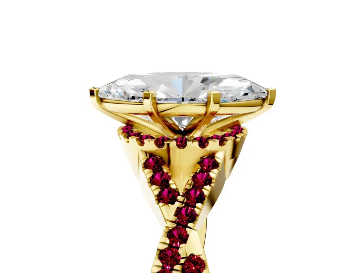 Marquise Cut Diamond Garnet Halo Twist Band Solitaire Prong Setting Ring Yellow gold
