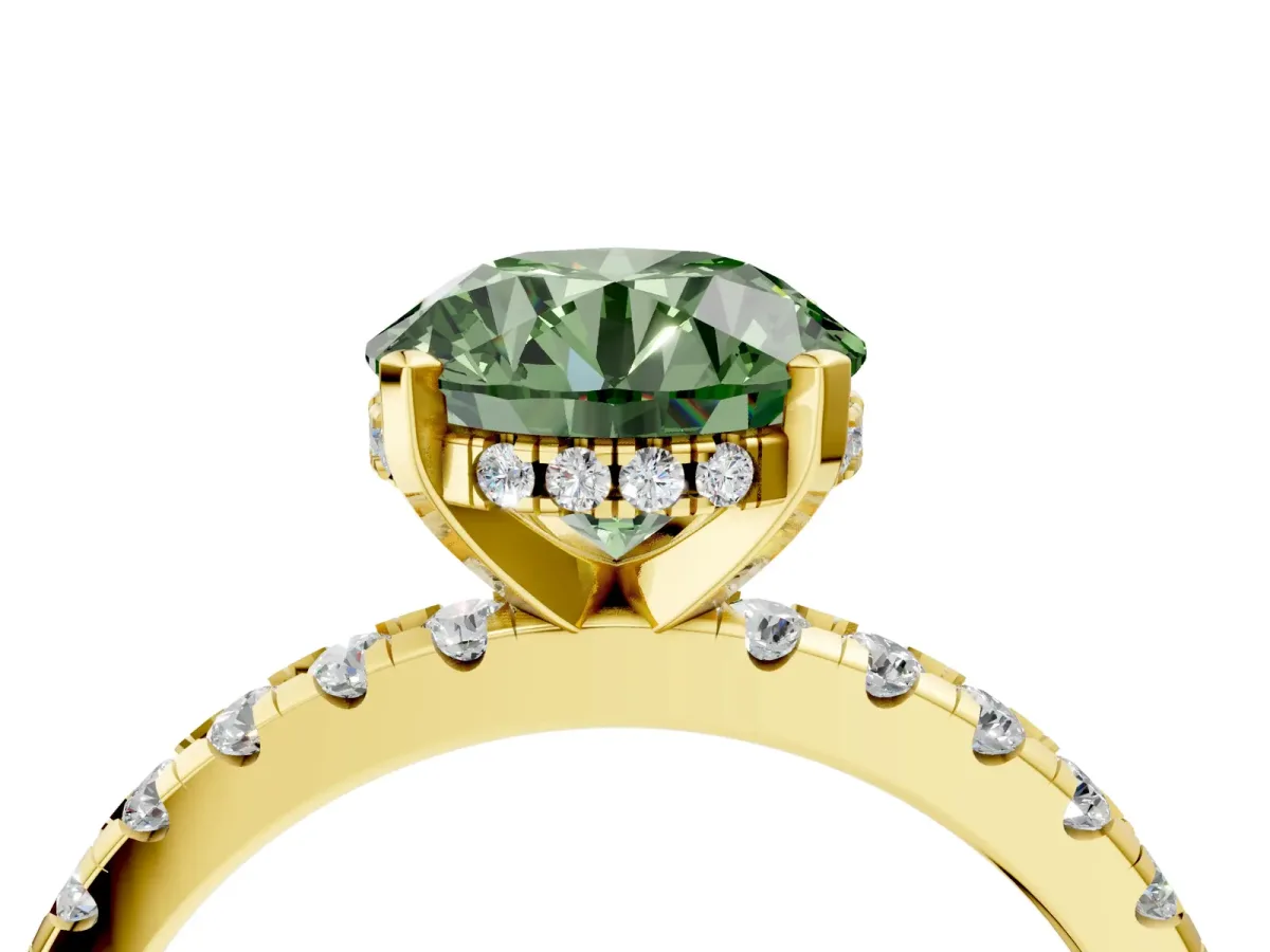 Fancy Green Round Cut Diamond Solitaire Ring with Round Pavé Band and Four-Prong Setting Yellow gold