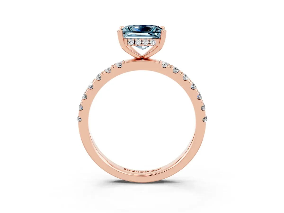 Princess Cut Aquamarine Pave Band Solitaire Ring with Round and Prong Setting Rose gold