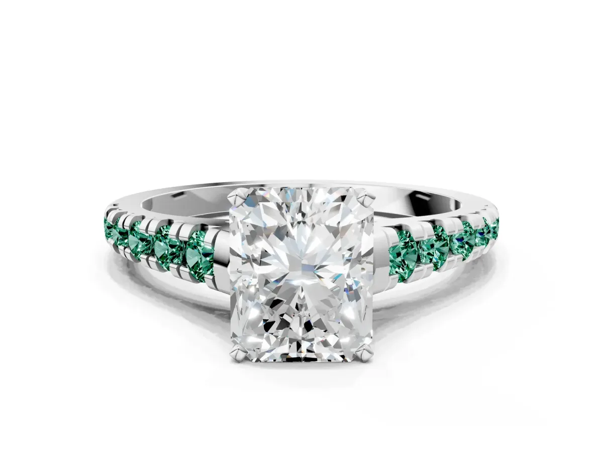Radiant Cut Diamond Cathedral Solitaire Ring with Round Green Sapphire Pavé Band White gold