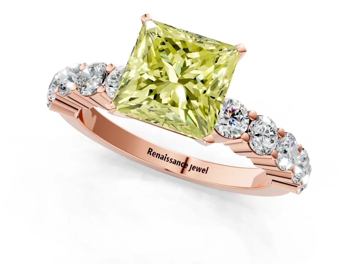 Fancy Yellow Princess Cut Diamond Solitaire Ring with Shared Prong Round Side Stones Rose gold