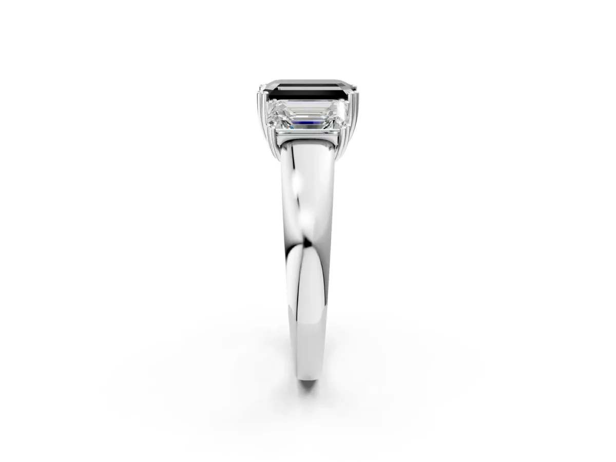 Fancy Black Three-Stone Emerald Cut Cut Diamond Ring with Channel Set Band and Four-Prong Setting Platinum