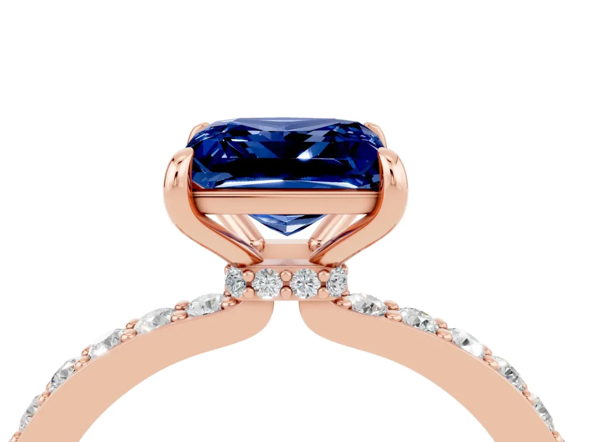 Princess Cut Blue Sapphire Solitaire Engagement Ring with Pavé Band and Four-Prong Setting Rose gold