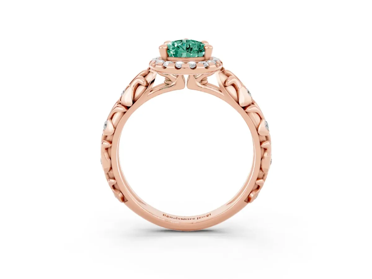 Pear Cut Green Sapphire Halo Ring with Filigree Band and Prong Setting Rose gold