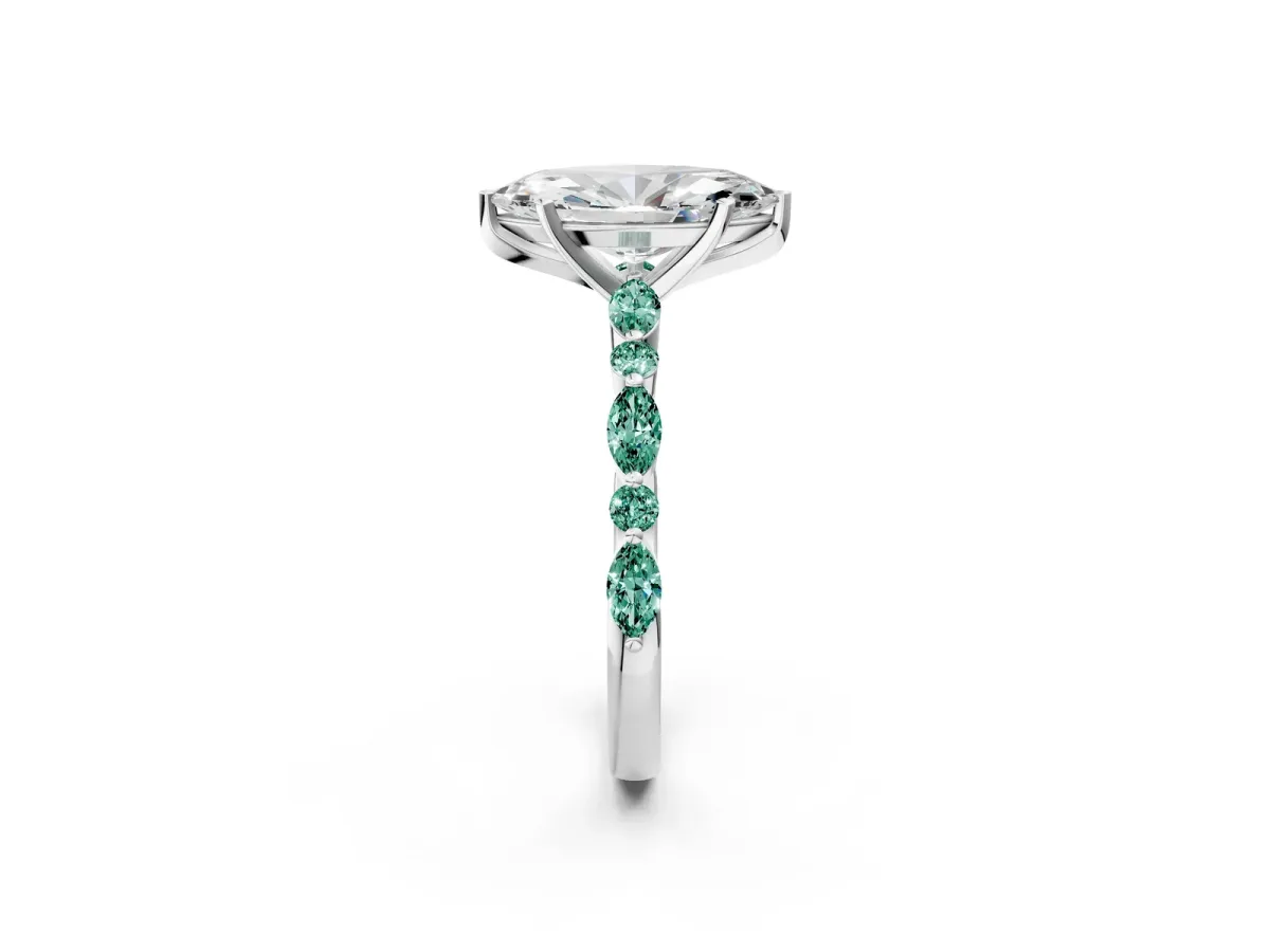 Marquise Cut Diamond Ring with Marquise and Round Green Sapphire Side Stones and Four-Prong Setting Platinum