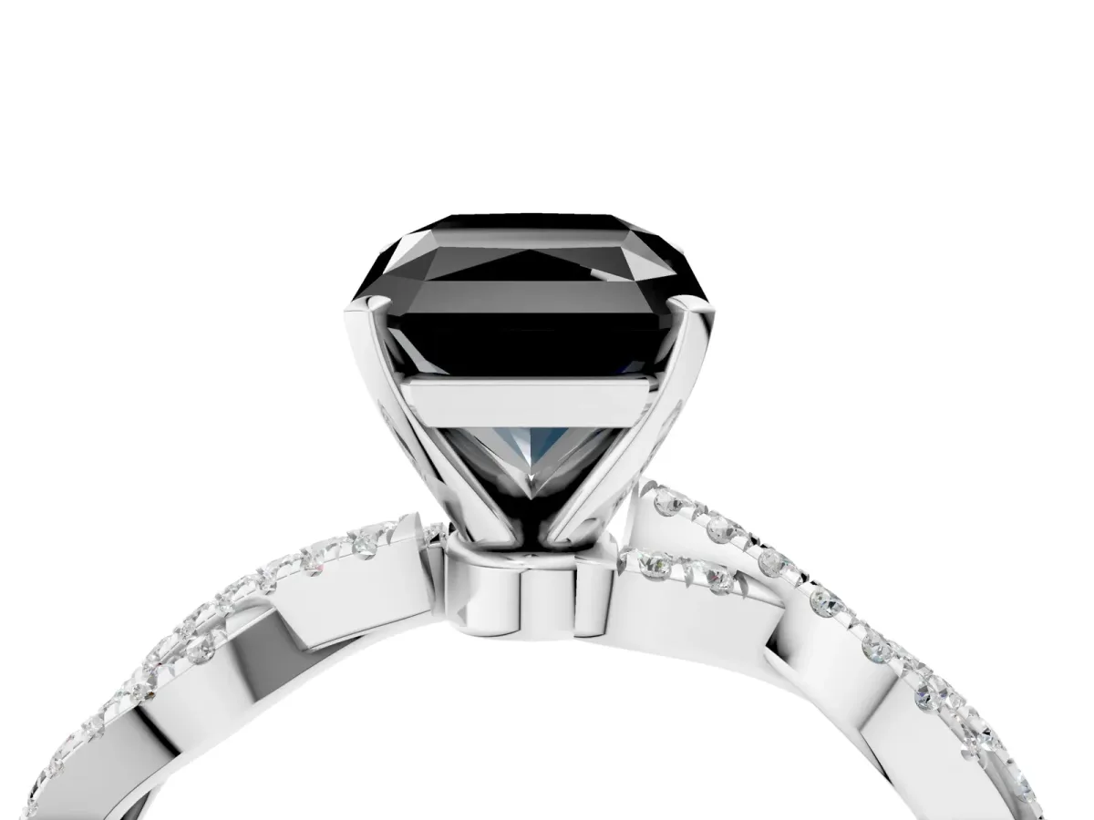 Fancy Black Radiant Cut Solitaire Twisted Pave Band with Four-Prong Setting Platinum