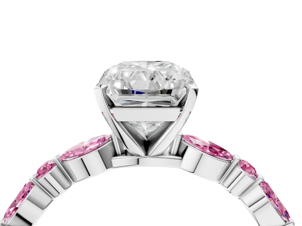 Radiant Cut Diamond Ring with Marquise and Round Pink Sapphire Side Stones and Four-Prong Setting Platinum