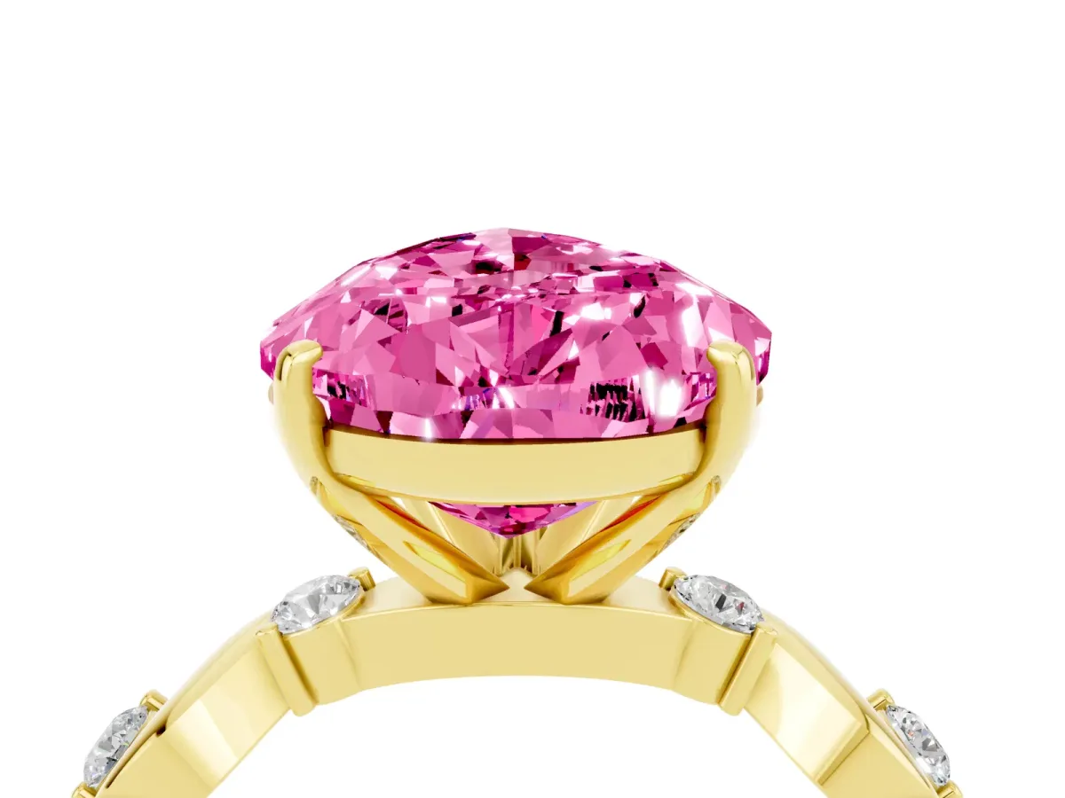 Pear Cut Pink Sapphire Solitaire Twisted Band with Round Accents and Prong Setting Yellow gold