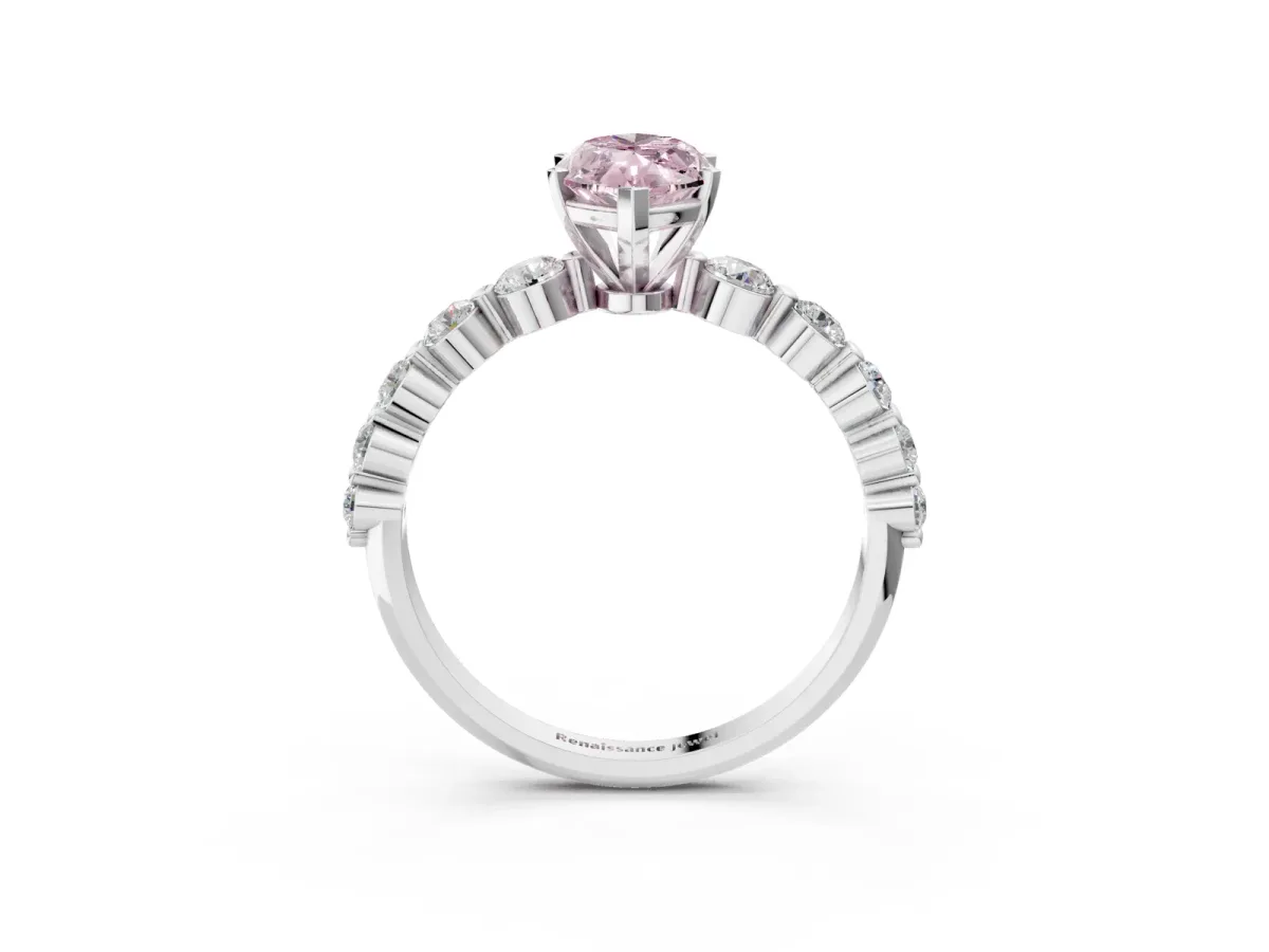 Fancy Pink Marquise Cut Solitaire Diamond Ring with Pave Band and Four-Prong Setting Silver