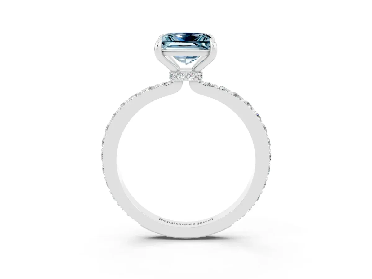 Princess Cut Aquamarine Solitaire Engagement Ring with Pavé Band and Four-Prong Setting Platinum