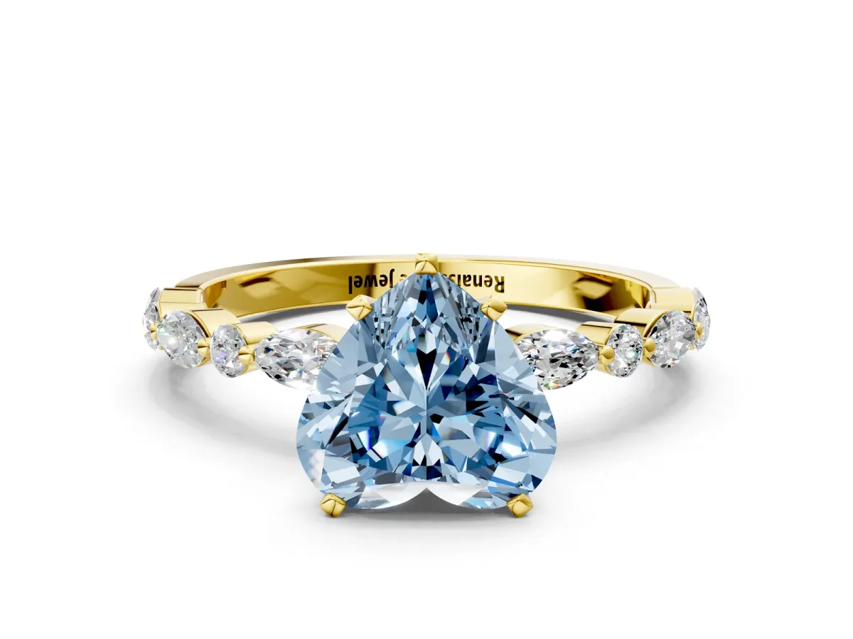 Fancy Blue Heart Cut Diamond Ring with Marquise and Round Side Stones and Four-Prong Setting Yellow gold