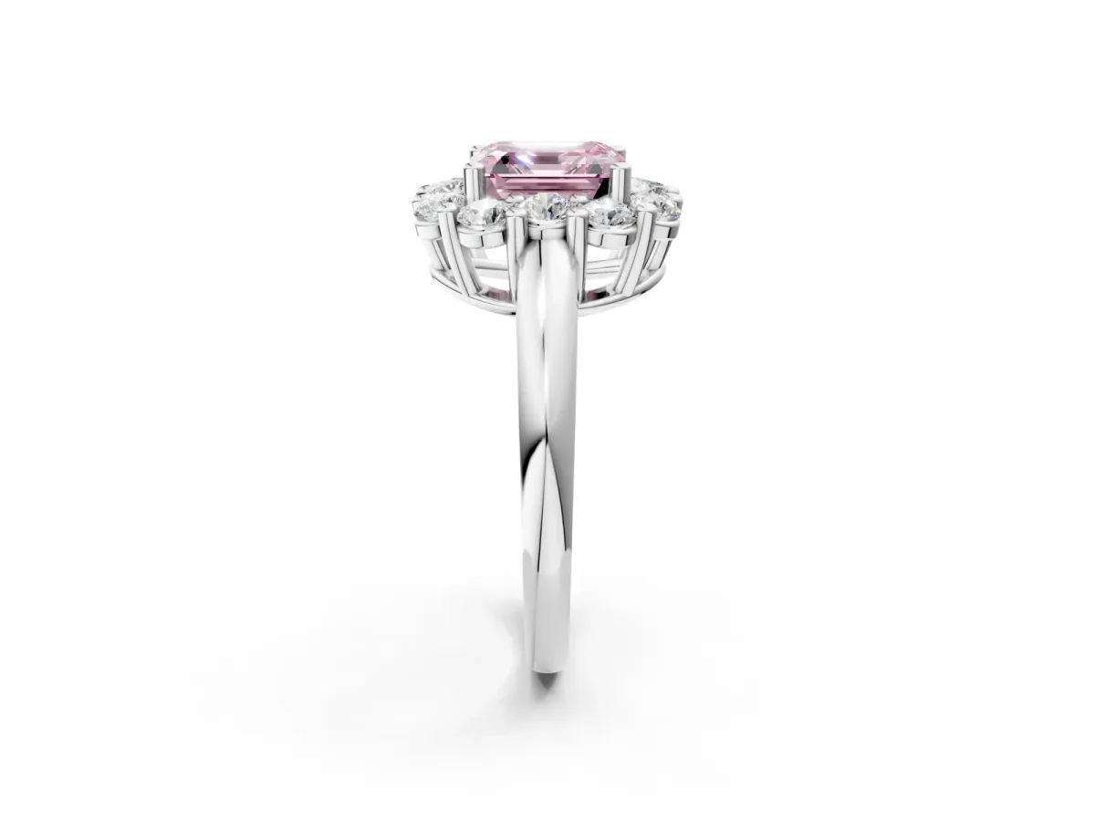 Fancy Pink Asscher Cut Halo Cluster Diamond Engagement Ring with Prong Setting and Polished Band Platinum