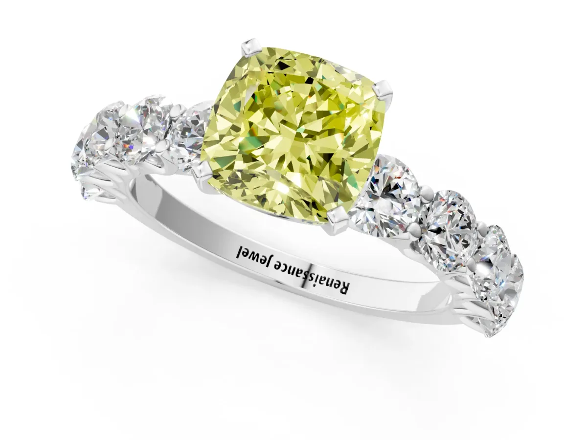 Fancy Yellow Cushion Cut Diamond Prong Setting with Side Stones on a Pave Band Silver