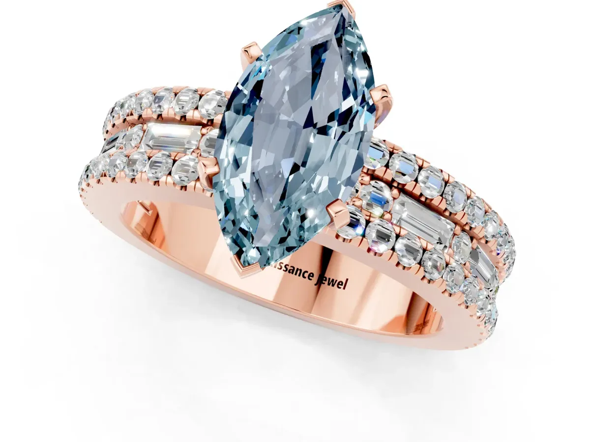 Marquise Cut Aquamarine Solitaire Ring with Pavé and Channel Set Band Rose gold