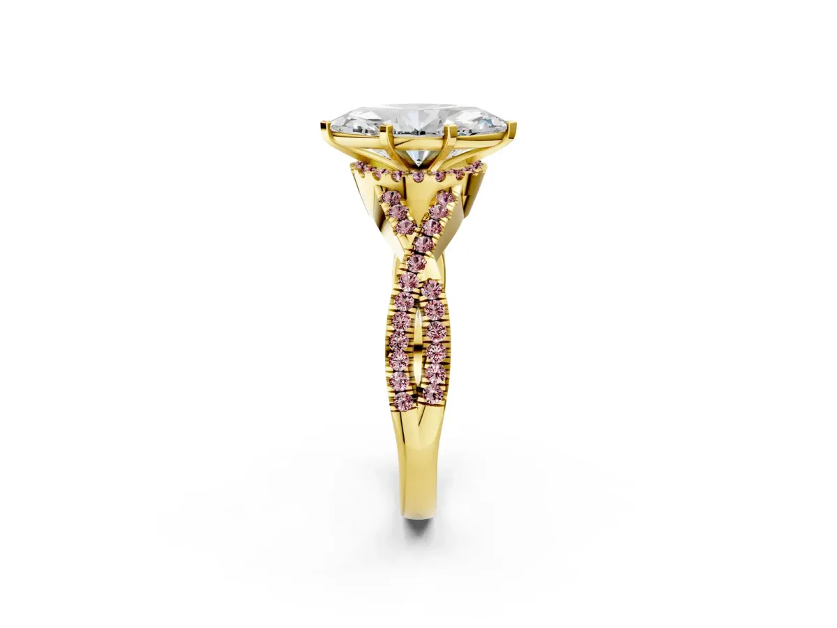 Heart Cut Diamond Morganite Halo Twist Band Solitaire Prong Setting Ring Yellow gold