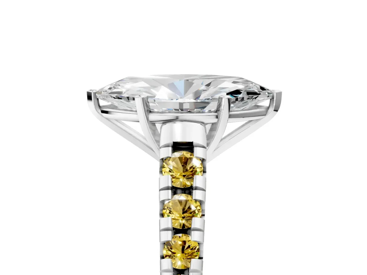 Marquise Cut Diamond Cathedral Solitaire Ring with Round Yellow Sapphire Pavé Band White gold
