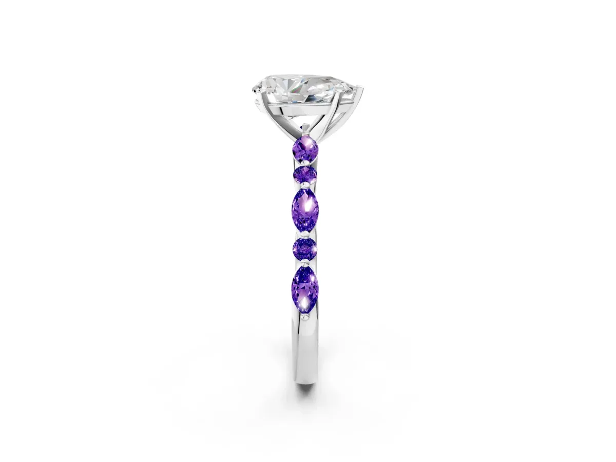 Pear Cut Diamond Ring with Marquise and Round Tanzanite Side Stones and Four-Prong Setting White gold