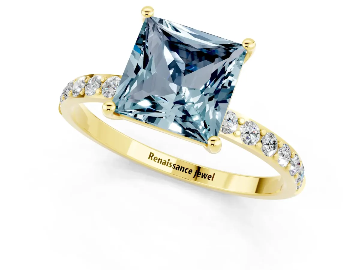 Princess Cut Aquamarine Solitaire Ring with Round Pavé Band and Prong Setting Yellow gold