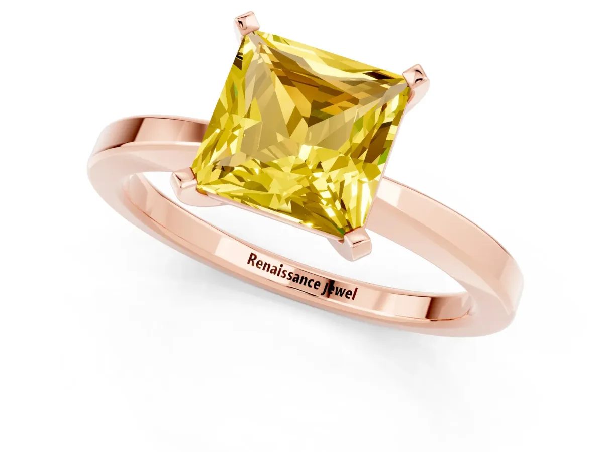 Princess Cut Yellow Sapphire Solitaire Engagement Ring with Classic Band and Four-Prong Setting Rose gold