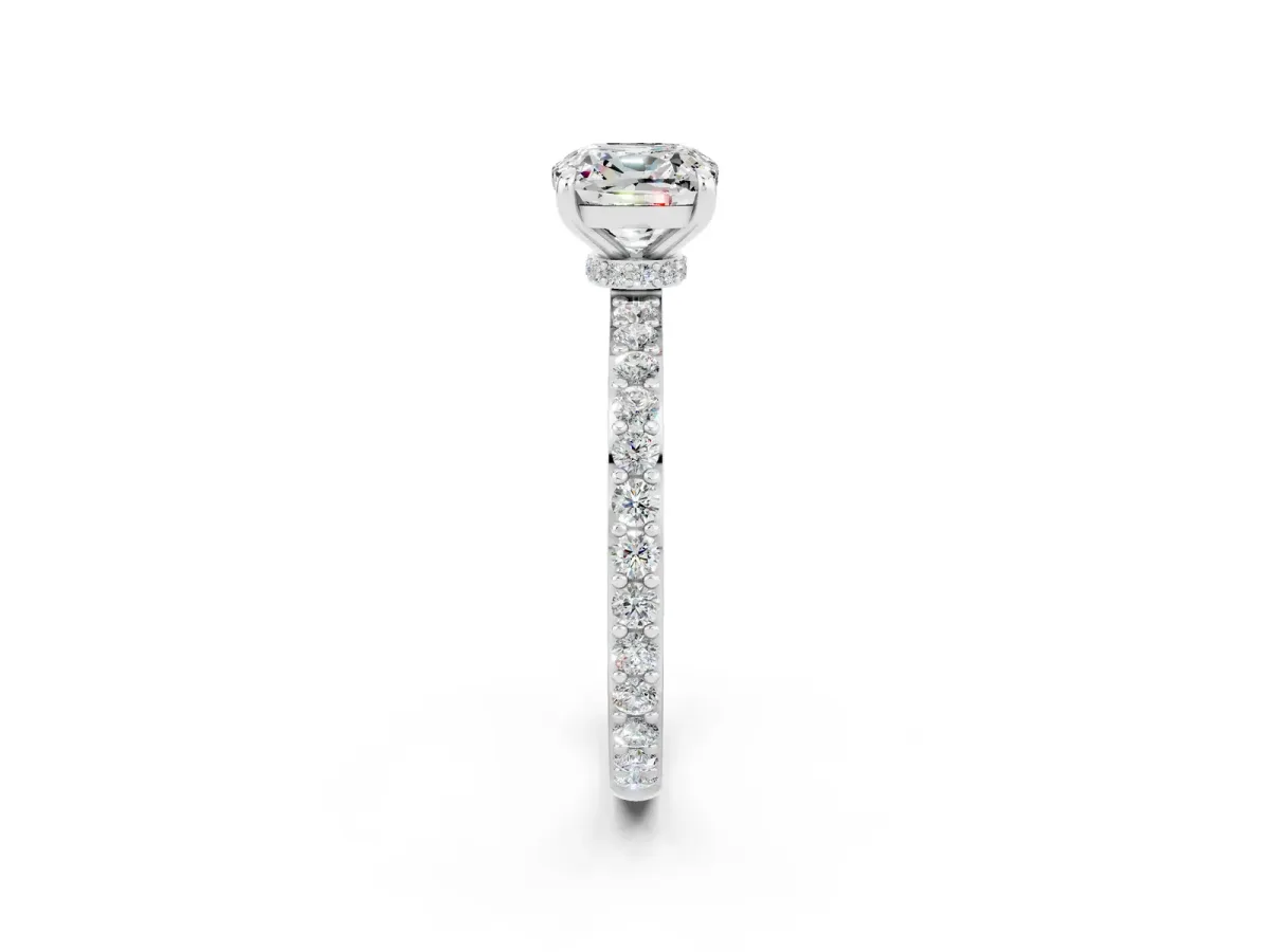 Cushion Cut Moissanite Solitaire Engagement Ring with Pavé Band and Four-Prong Setting White gold