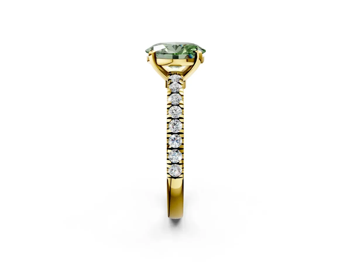 Fancy Green Oval Cut Solitaire Diamond with Pavé Band and Four-Prong Setting Yellow gold