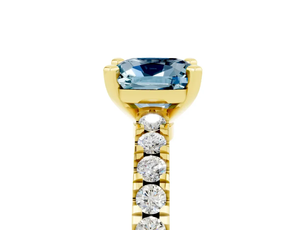 Cushion Cut Solitaire Aquamarine with Pavé Band and Four-Prong Setting Yellow gold