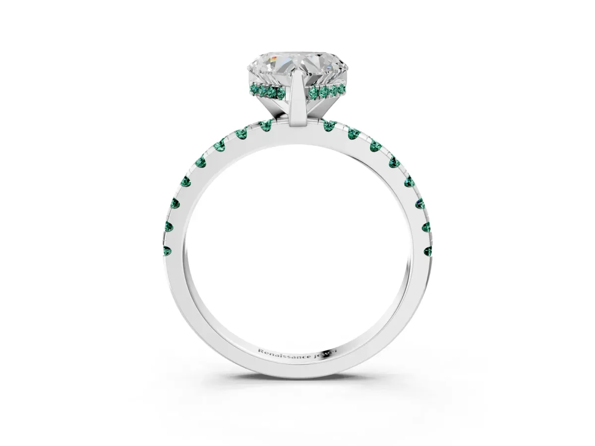 Heart Cut Diamond Solitaire Ring with Round Green Sapphire Pavé Band and Four-Prong Setting White gold