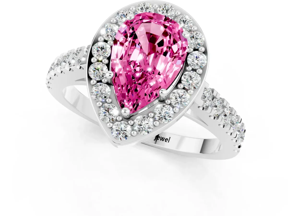 Pear Cut Pink Sapphire Halo Ring with Round Pavé Split Shank and Prong Setting Platinum