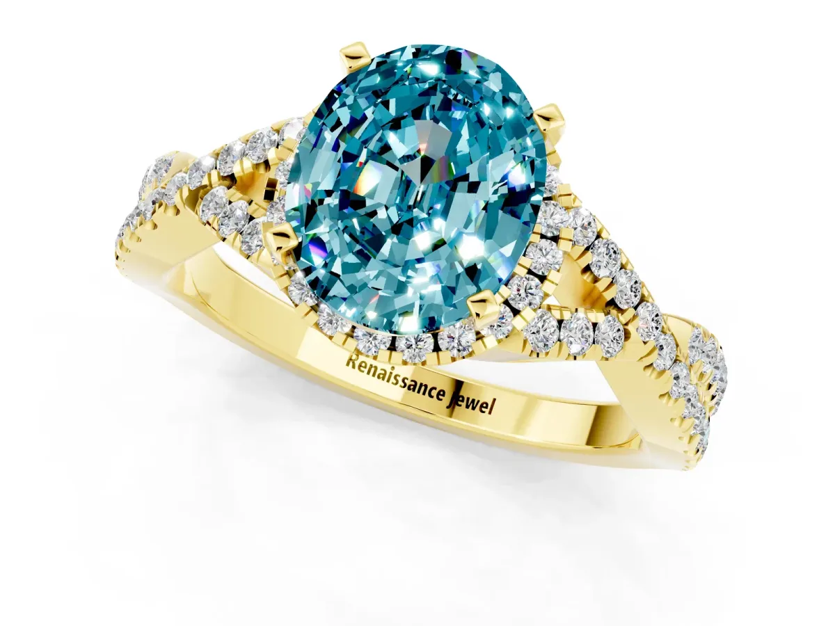 Oval Cut Blue Topaz Halo Twist Band Solitaire Prong Setting Ring Yellow gold