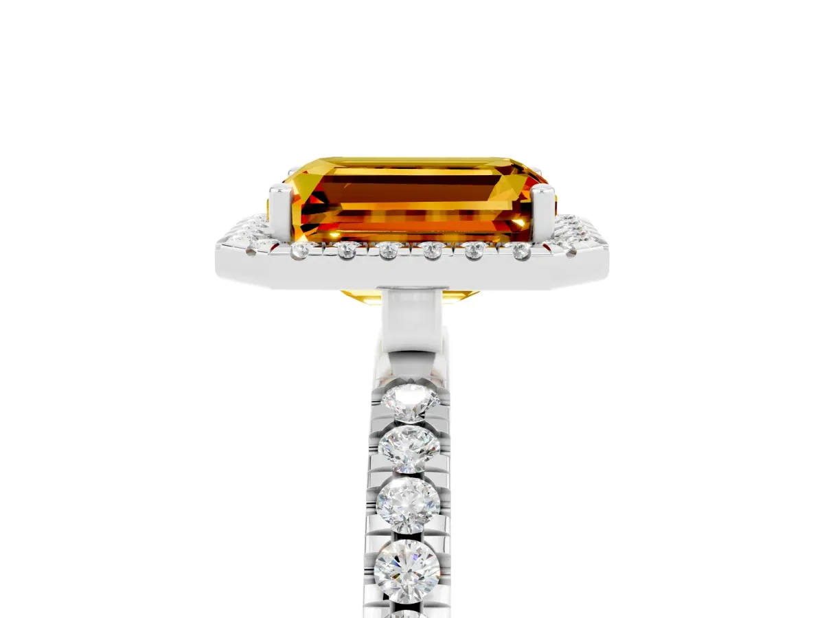 Emerald Cut Citrine Classic Halo Engagement Ring with Round Pavé Band and Prong Setting White gold