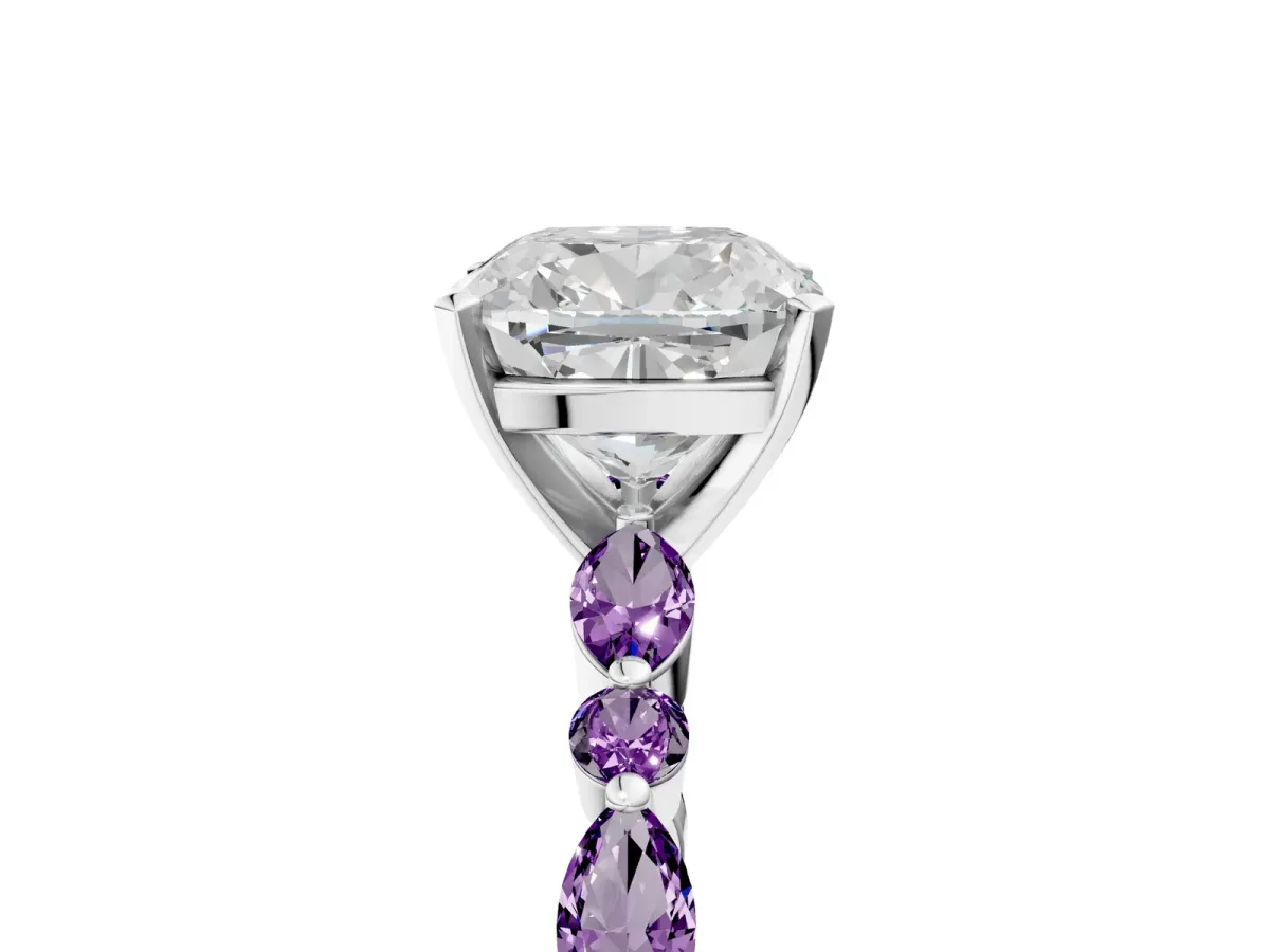 Cushion Cut Diamond Ring with Marquise and Round Amethyst Side Stones and Four-Prong Setting White gold