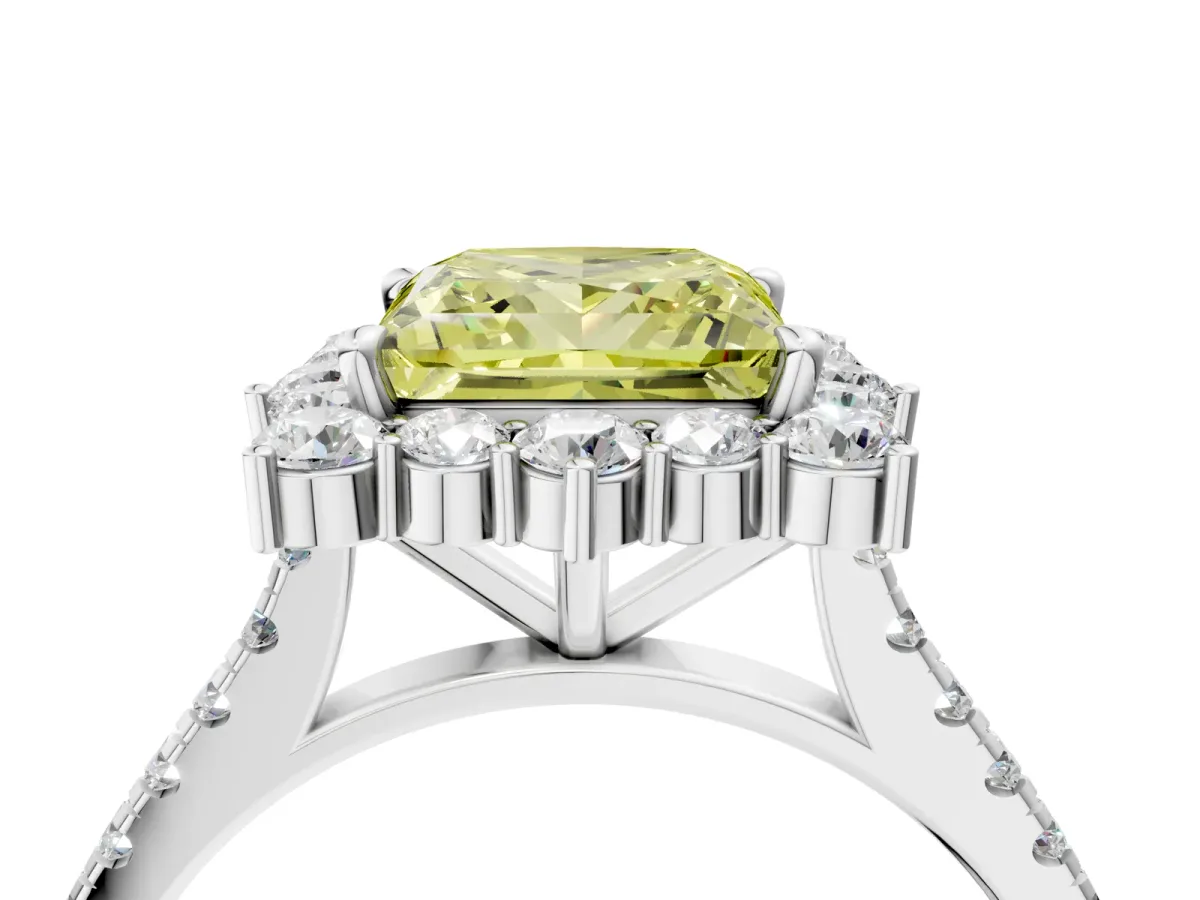 Fancy Yellow Princess Cut Halo Diamond Ring with Pavé Band and Prong Setting White gold