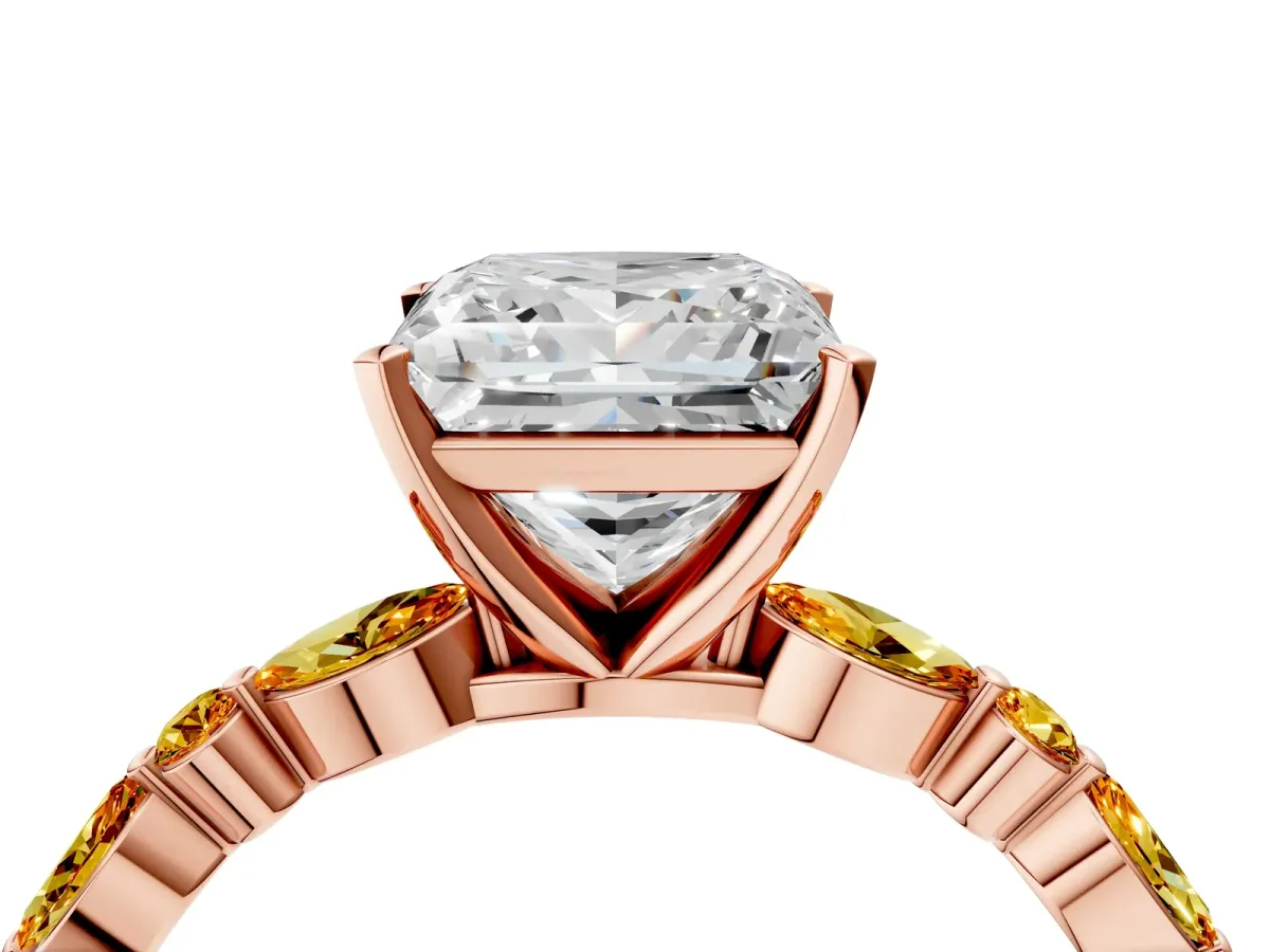 Princess Cut Diamond Ring with Marquise and Round Citrine Side Stones and Four-Prong Setting Rose gold