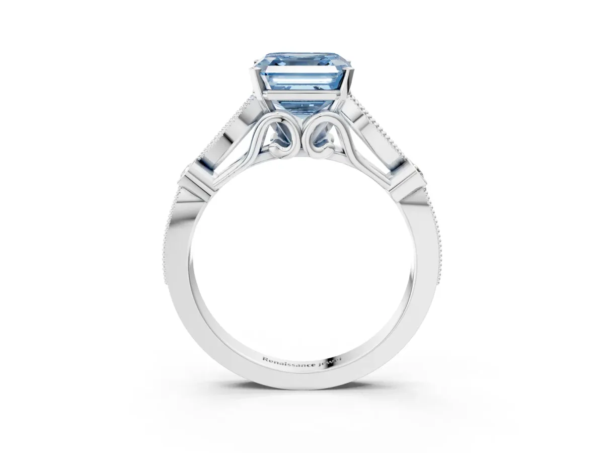 Fancy Blue Asscher Cut Cut Diamond with Milgrain Marquise and Bezel Accents on a Solitaire Band with Prong Setting Silver