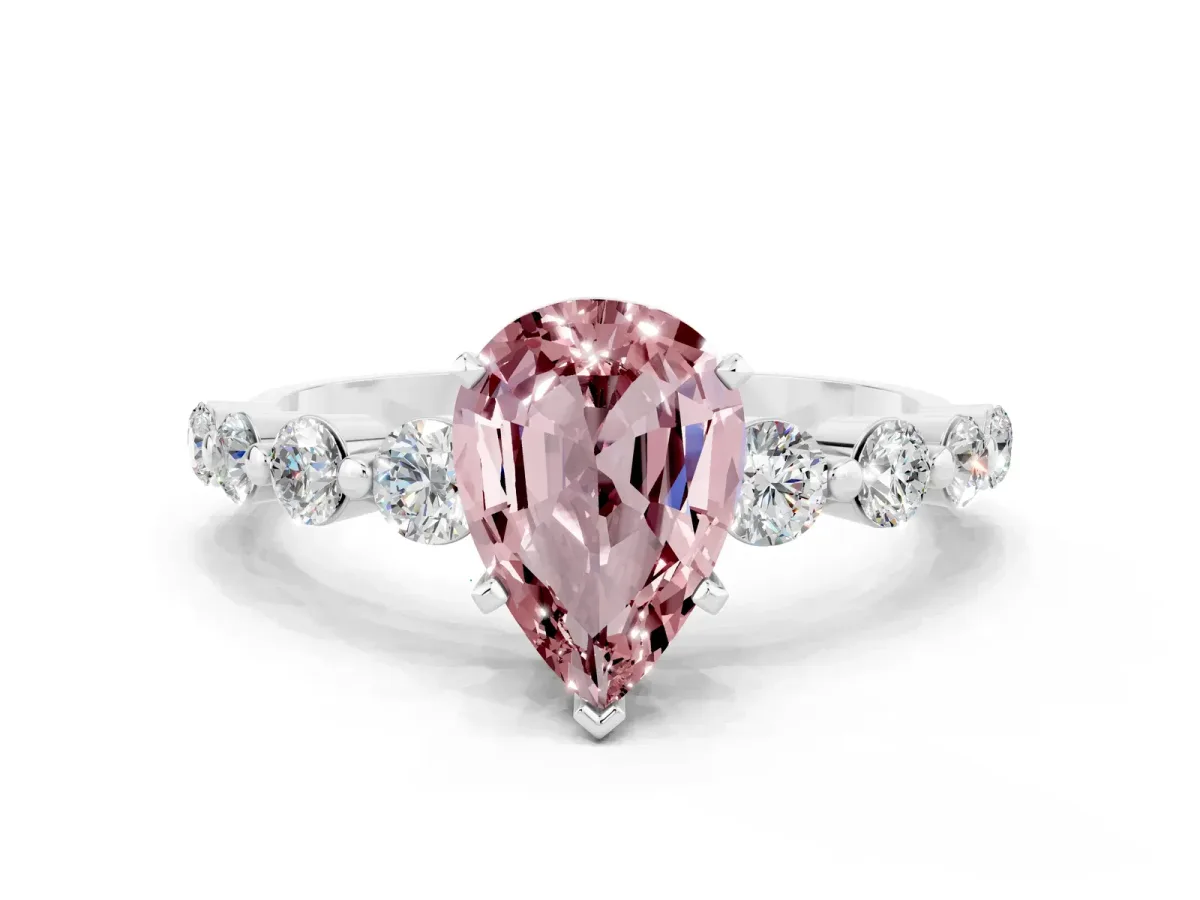 Pear Cut Solitaire Morganite Ring with Pave Band and Four-Prong Setting Platinum