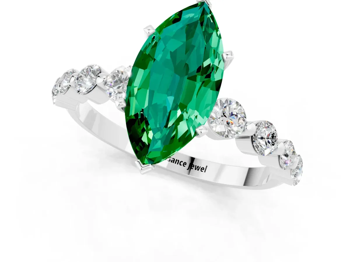 Marquise Cut Solitaire Emerald Ring with Pave Band and Four-Prong Setting Silver