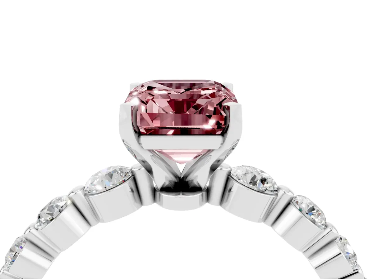 Emerald Cut Solitaire Morganite Ring with Pave Band and Four-Prong Setting Platinum