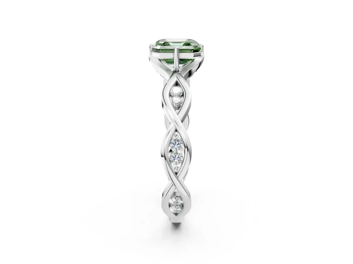 Fancy Green Asscher Cut Solitaire Twist Band with Leaf Prong Setting Platinum