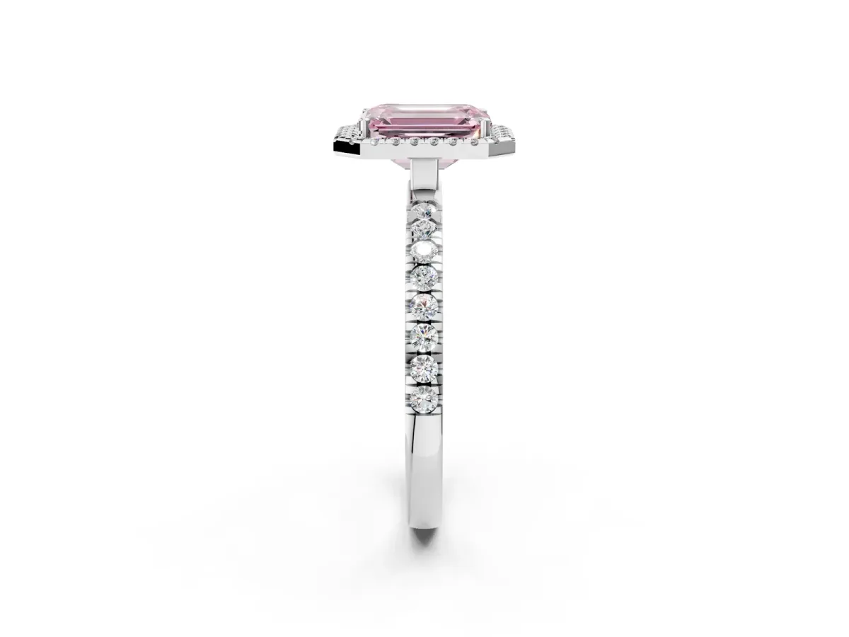 Fancy Pink Emerald Cut Diamond Classic Halo Engagement Ring with Round Pavé Band and Prong Setting White gold