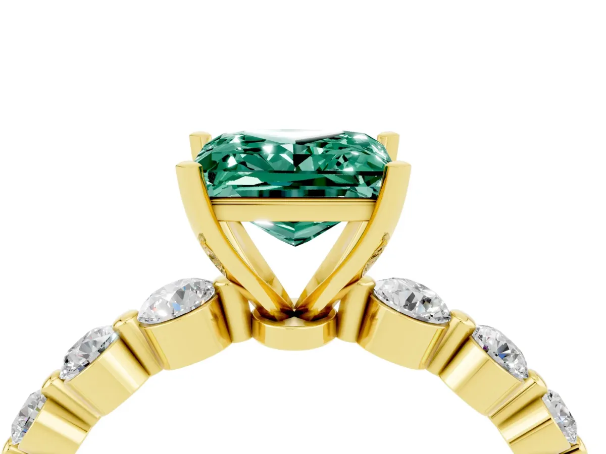 Princess Cut Solitaire Green Sapphire Ring with Pave Band and Four-Prong Setting Yellow gold
