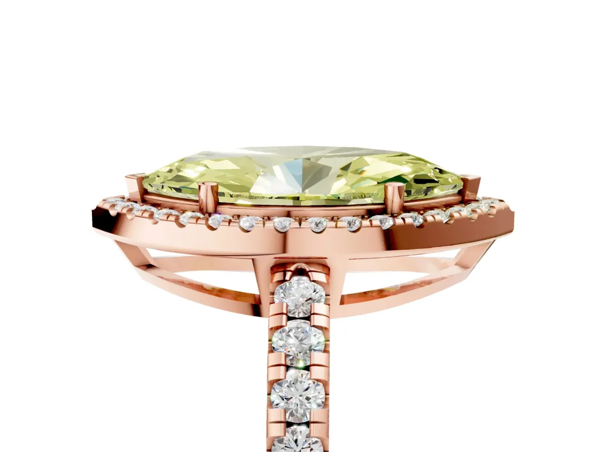 Fancy Yellow Marquise Cut Diamond Halo Ring with Pavé Band and Four-Prong Setting Rose gold