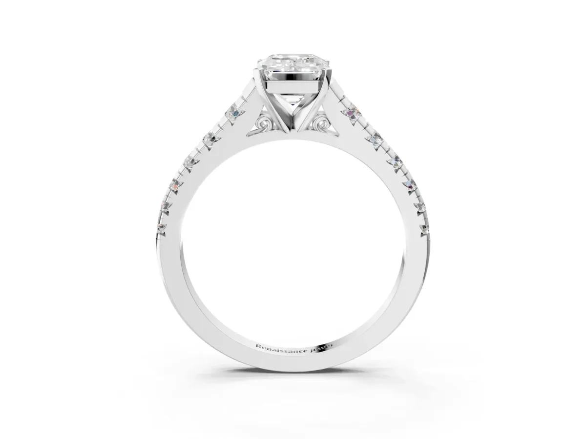 Emerald Cut Diamond Cathedral Solitaire Ring with Round Moissanite Pavé Band Platinum