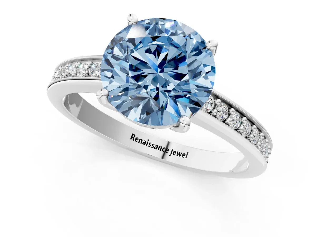 Fancy Blue Asscher Cut Solitaire Pavé Band Prong Setting Ring Platinum
