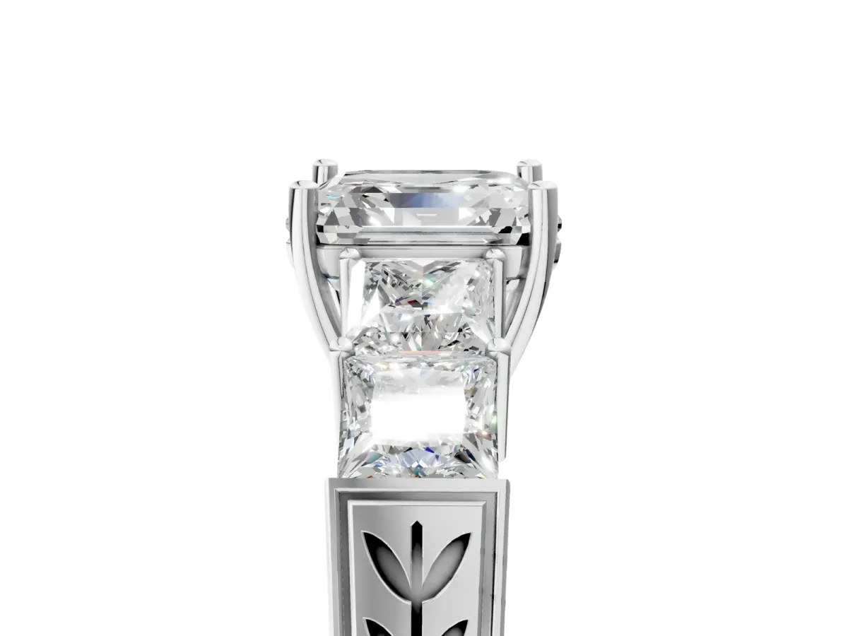 Round Cut Solitaire Princess Side Stone Engraved Band Prong Setting Ring Platinum