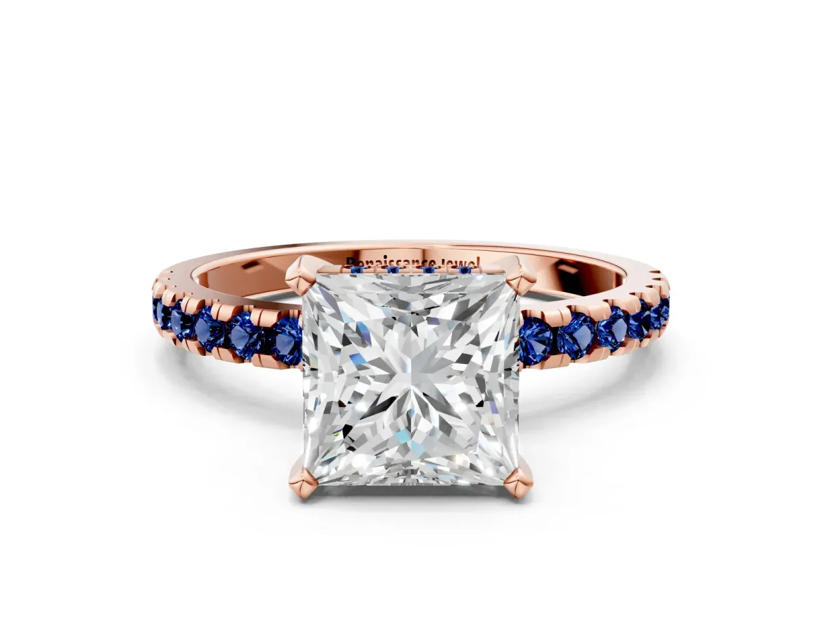 Princess Cut Diamond Solitaire Ring with Round Blue Sapphire Pavé Band and Four-Prong Setting Rose gold
