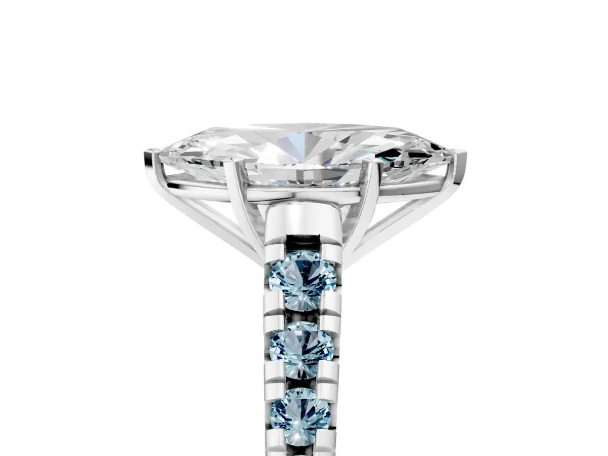 Marquise Cut Diamond Cathedral Solitaire Ring with Round Aquamarine Pavé Band White gold