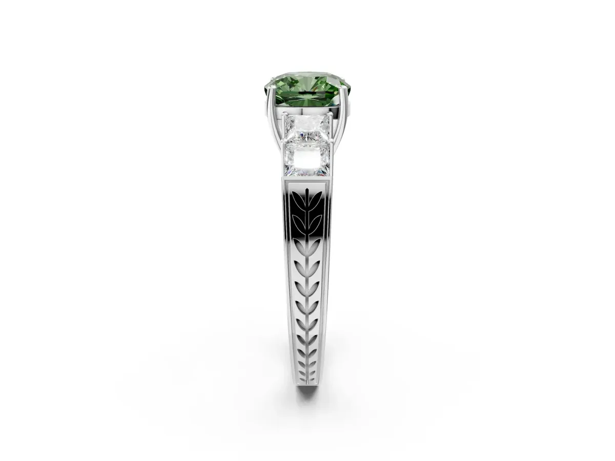 Fancy Green Cushion Cut Solitaire Princess Side Stone Engraved Band Prong Setting Ring Silver
