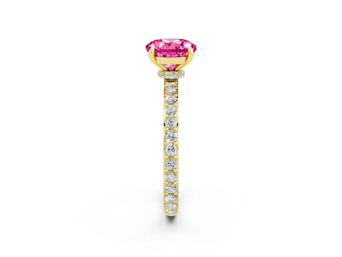 Round Cut Pink Sapphire Solitaire Engagement Ring with Pavé Band and Four-Prong Setting Yellow gold