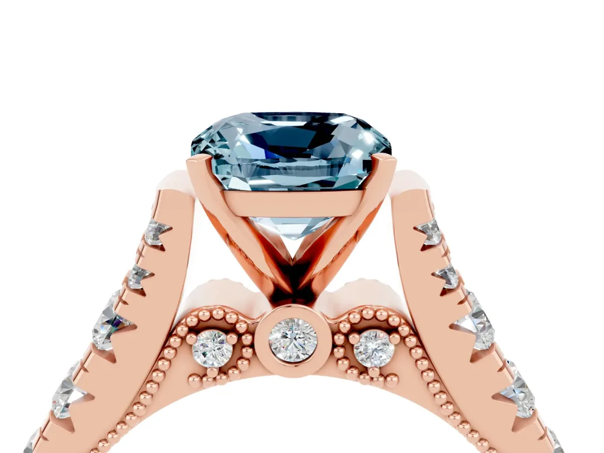 Cushion Cut Aquamarine Classic Solitaire Ring with Pavé Band and Four-Prong Setting Rose gold