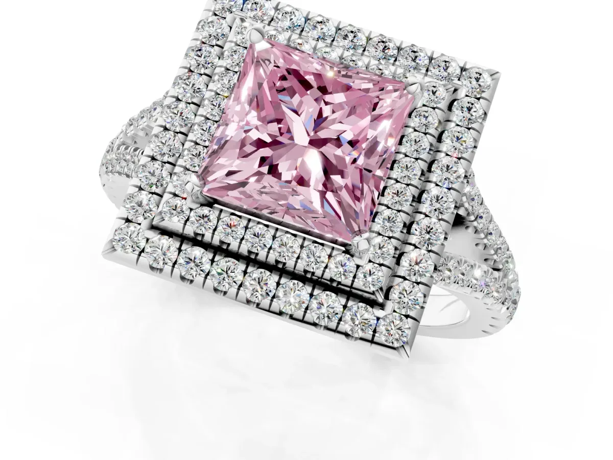 Fancy Pink Princess Cut Diamond Double Halo Ring with Pavé Band and Prong Setting White gold